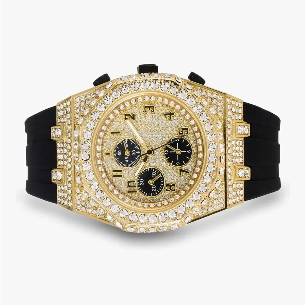 Gold Bust Down Iced Out Hip Hop Watch Black Silicone Strap VVS Diamond Bling